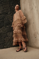 Purple Queen Maxikleid Thalys Camel mit Spitze und Volants