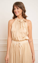 Choklate Paris - Satin Top Elisabeth in Champagner mit Schleife am Kragen - Elegantes Neckholder-Top
