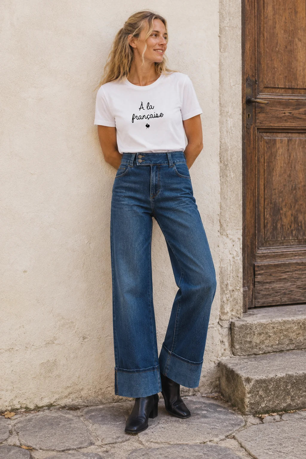 Produktname:  Ana & Lucy Wide-Straight-Jeans „Elysia“ Dunkelblau mit hoher Taille