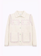 An´ge Paris Strickjacke Nissani Vanille | Fliederfarbene Oranmente & Fransendetails