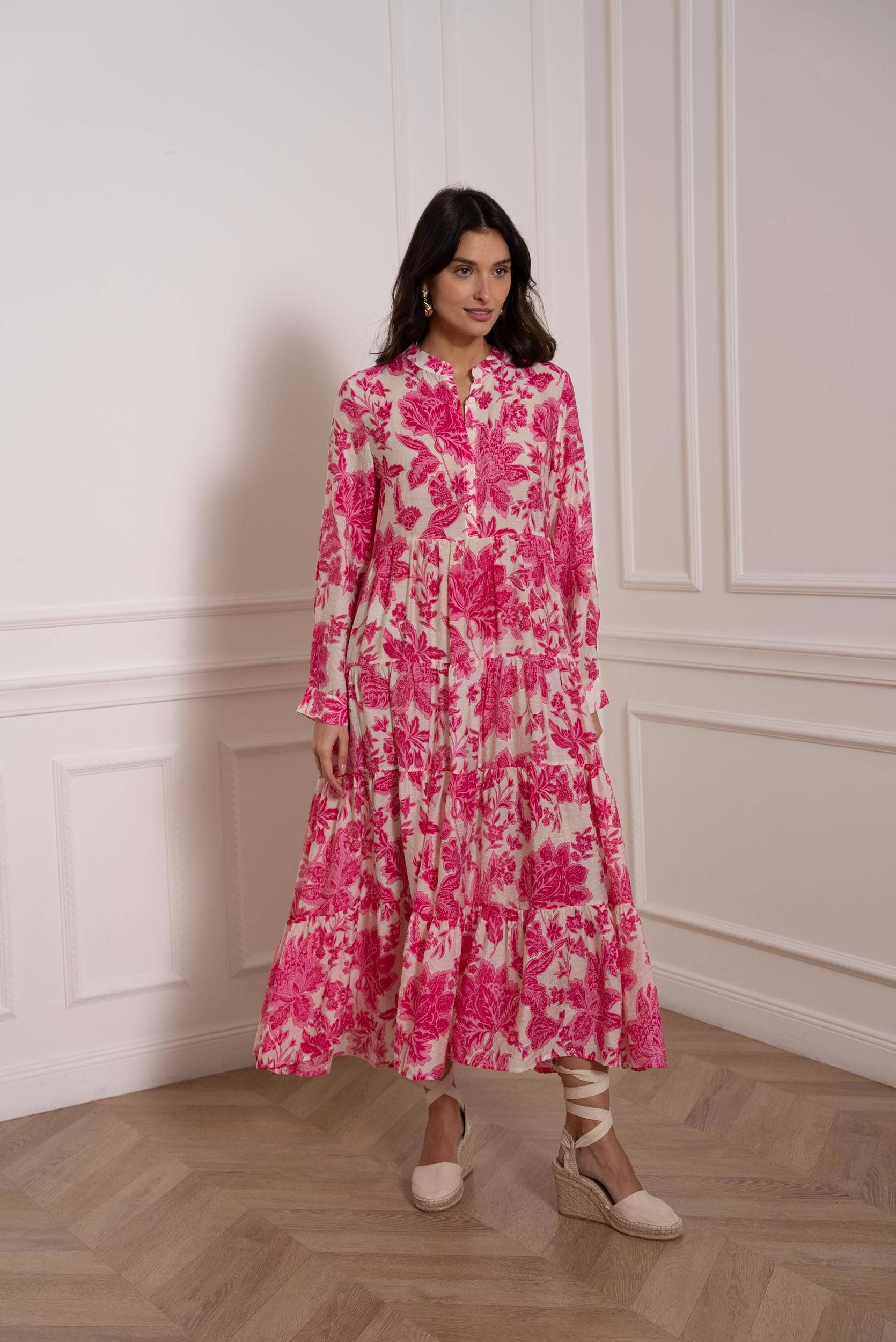 Choklate Paris Maxikleid Marbella Ecru/Fuchsia aus Seide-Viskose