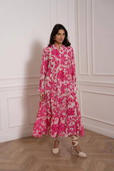 Choklate Paris Maxikleid Marbella Ecru/Fuchsia aus Seide-Viskose