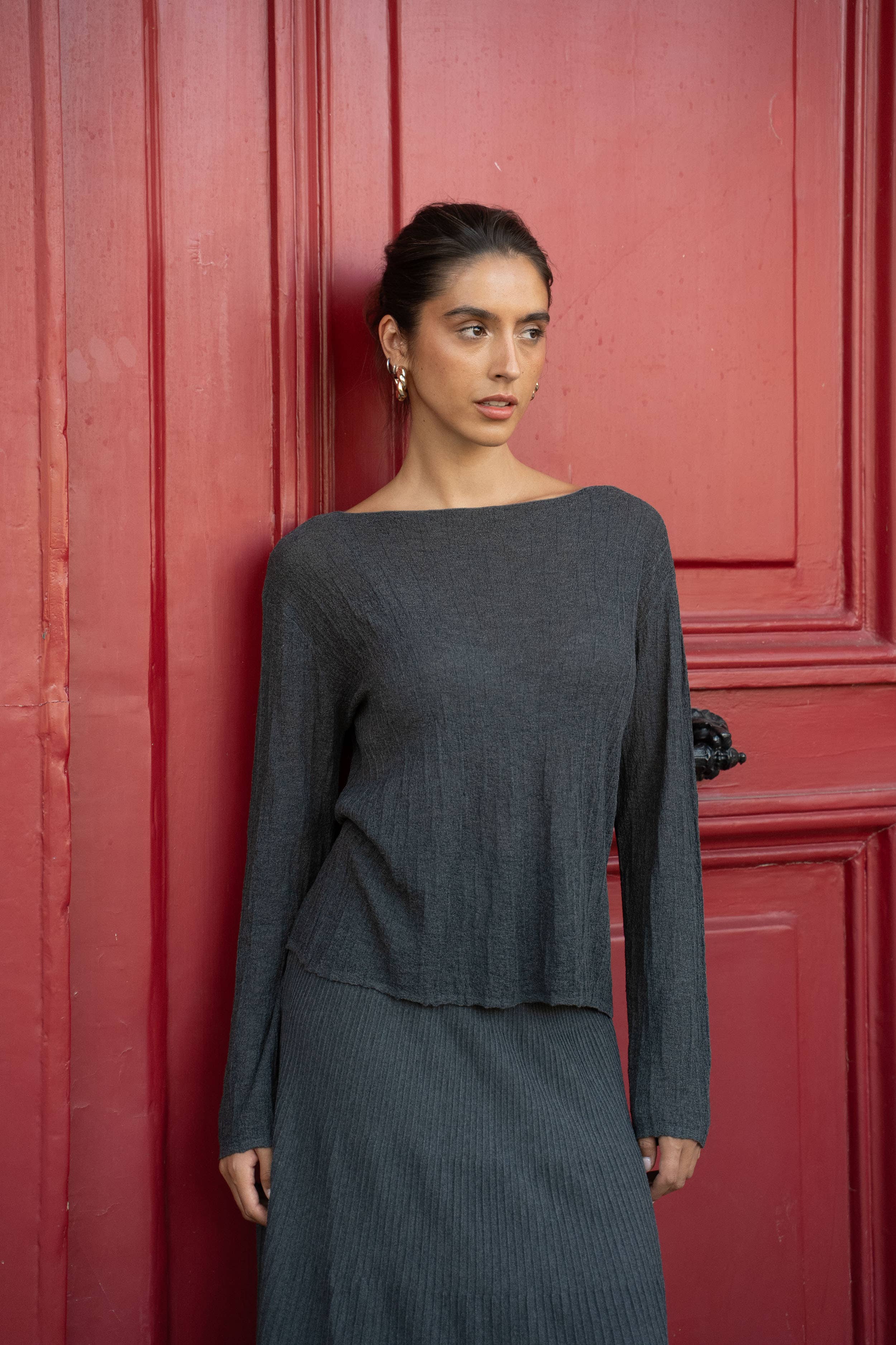 Choklate Paris leichtes Langarm-Strickshirt Grau mit Struktur