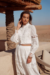 Choklate Paris Cropped-Bluse „Ellie“ Weiß 100% Baumwolle mit Ajourspitze