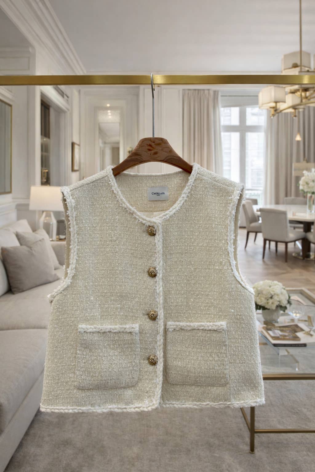 Choklate Paris Ärmellose Tweed-Weste Ecru