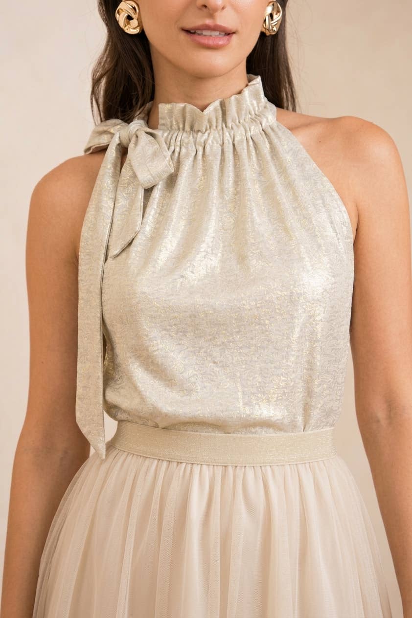Choklate Paris Top Elisabeth mit Metallic-Schimmer und Bindeschleife in Ecru