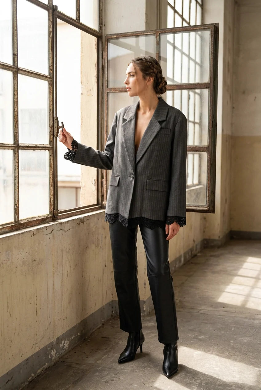 AN’GE Paris Blazer HANNABELLA in Grau mit schwarzer Spitze