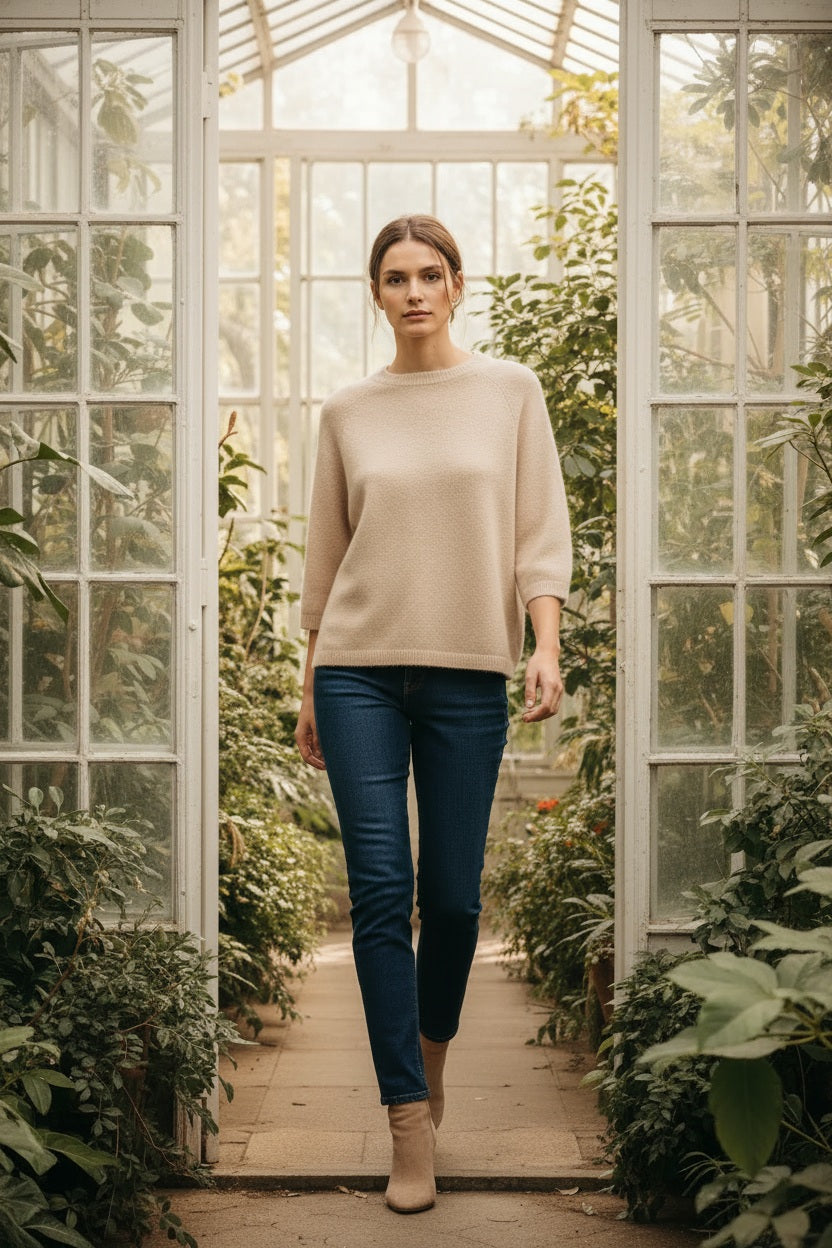 Nais Paris Alpaka-Raglanpullover Beige – 3/4-Ärmel & weicher Strick