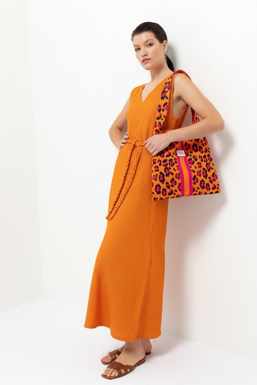 Lanidor Kleid mit Gürtel und V-Ausschnitt Orange