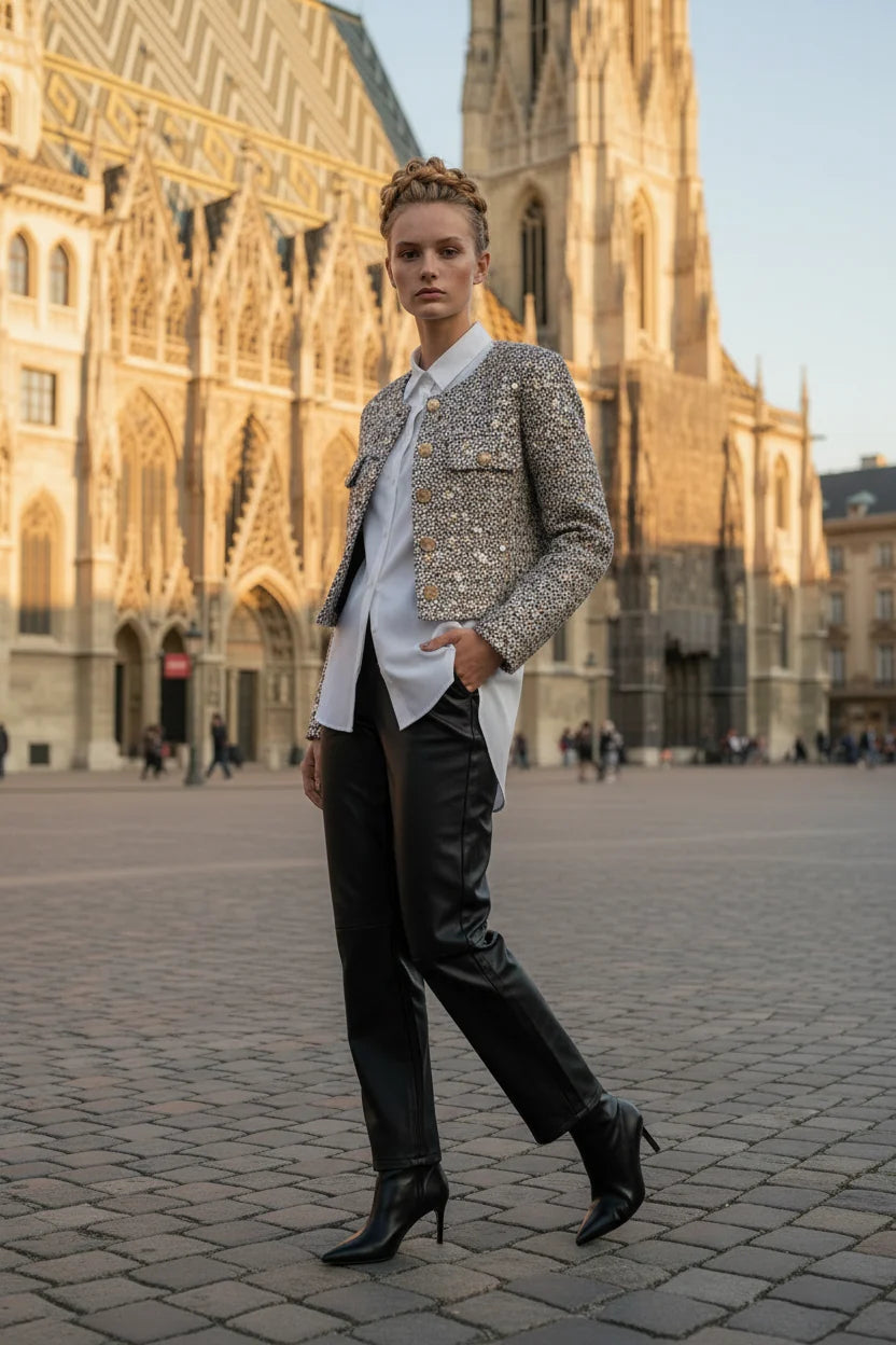Choklate Paris kurze Tweedjacke Jenny mit Pailletten Schwarz-Weiß