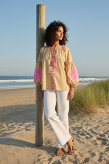 Jep Holland Bestickte Bluse Beige Pink Boho 100% Baumwolle