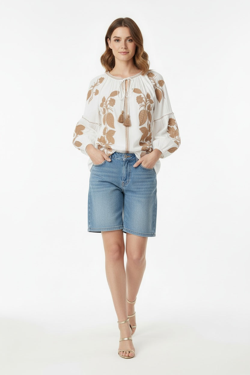 JEP Holland Bestickte Bluse Weiß Beige 100% Baumwolle Boho
