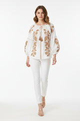 JEP Holland Bestickte Bluse Weiß Beige 100% Baumwolle Boho