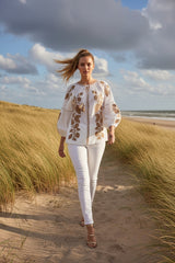 JEP Holland Bestickte Bluse Weiß Beige 100% Baumwolle Boho