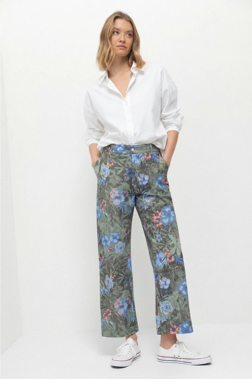 Lanidor Weit geschnittene Hose mit Blumenprint aus 100% Khaki