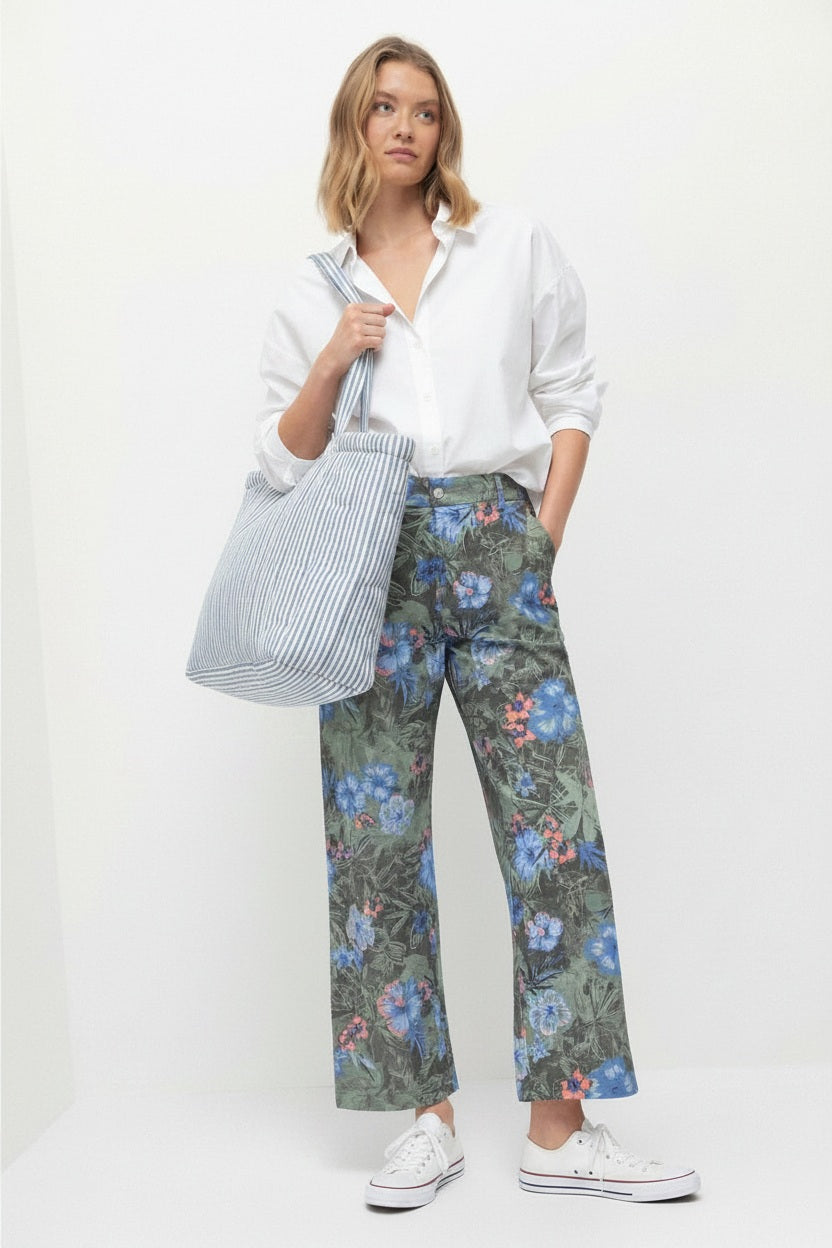 Lanidor Weit geschnittene Hose mit Blumenprint aus 100% Khaki