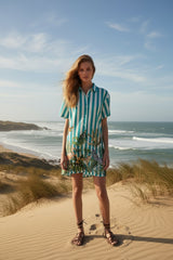 Lanidor Long-Blouse Türkis gestreift mit Tropicalprint