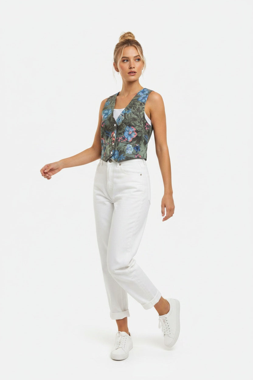 Lanidor Weste mit Blumenprint Khaki Baumwolle