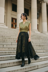 Choklate Paris asymmetrischer Leopardenrock mit Spitze Khaki