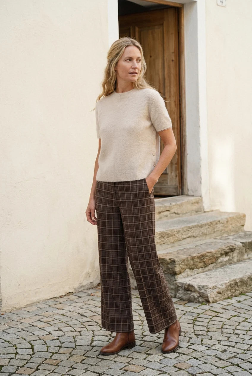 Lulumary Gerade geschnittene karierte Hose in Kaffeebraun