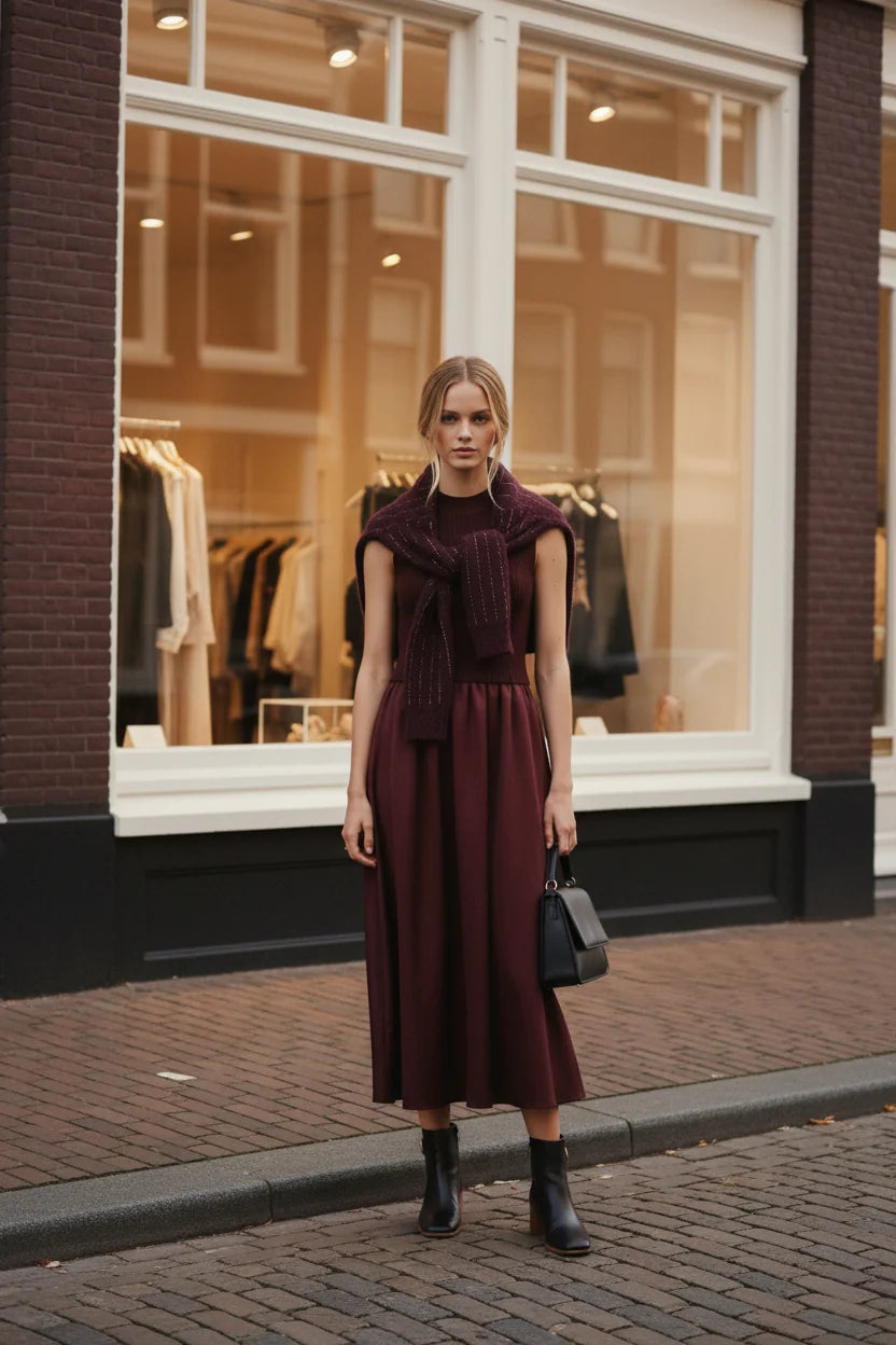 Lulumary Weicher Strickpullover Bordeaux mit silbernem Perlenbesatz