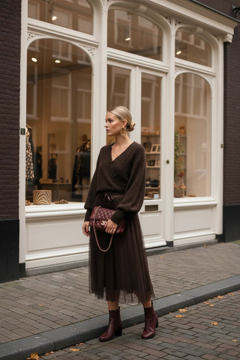 Lulumary Pullover in Wickeloptik mit V-Ausschnitt Cafébraun