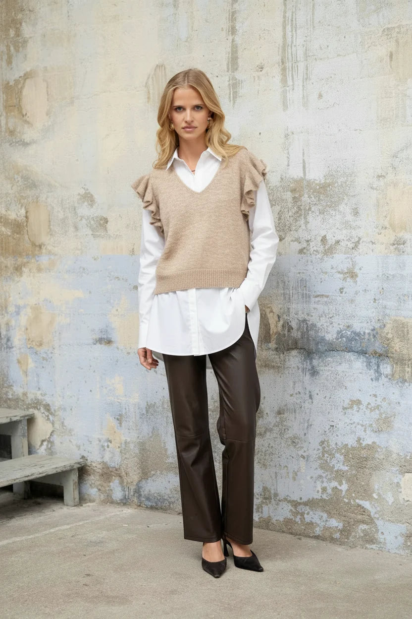 Lulumary Rüschenpullover in Taupe mit V-Ausschnitt
