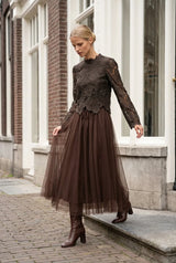 Lulumary Guipure-Spitzenbluse mit Rosenrelief Kaffee-Braun