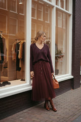 Lulumary Weicher Strickpullover Bordeaux mit silbernem Perlenbesatz