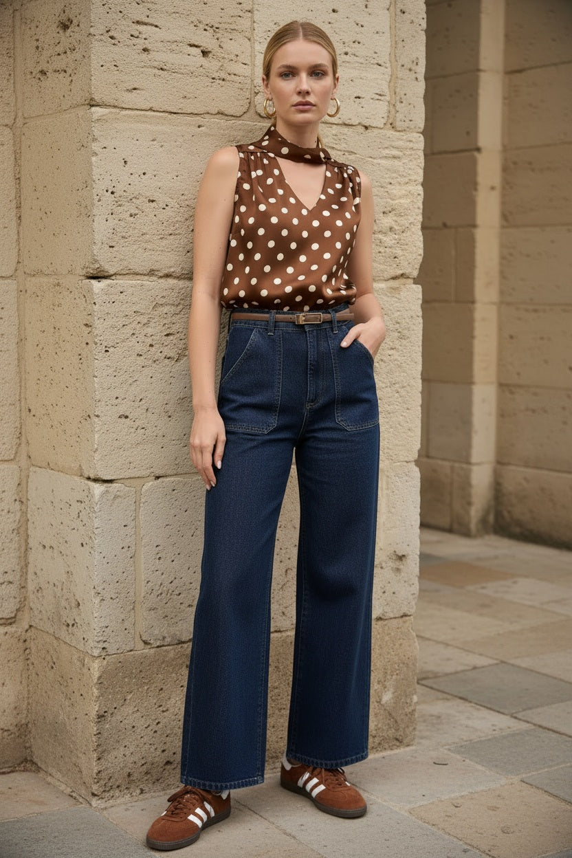Lulumary Top mit Punkten und Bindeband Braun
