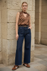 Lulumary Top mit Punkten und Bindeband Braun