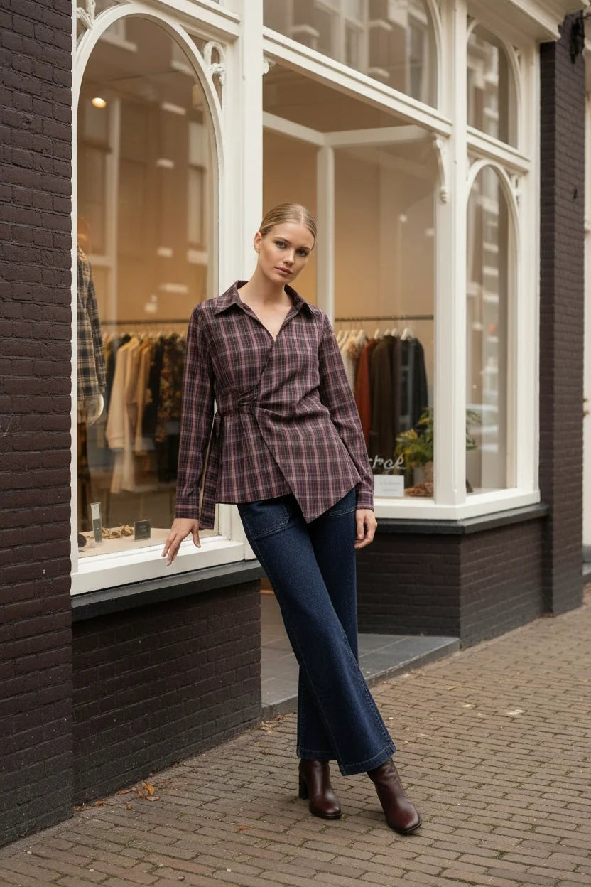 Lulumary Karierte Bluse in Wickeloptik Bordeaux