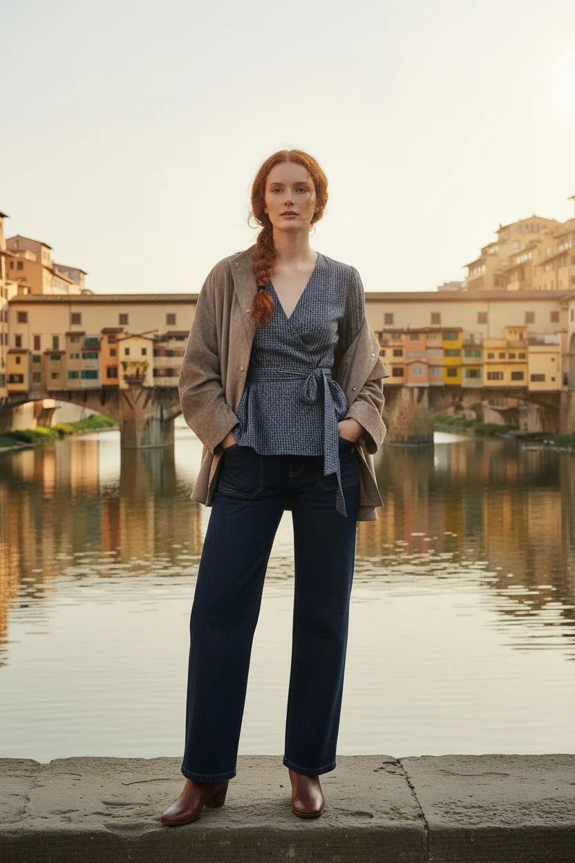Lulumary Karierte Wickelbluse Bleu Marine