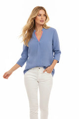 Zwillingsherz Bluse Musselin Neonkante Jeans-Blau