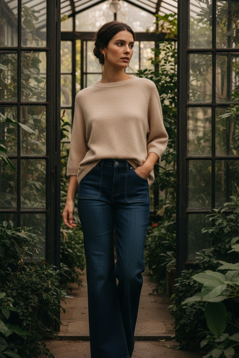 Nais Paris Alpaka-Raglanpullover Beige – 3/4-Ärmel & weicher Strick