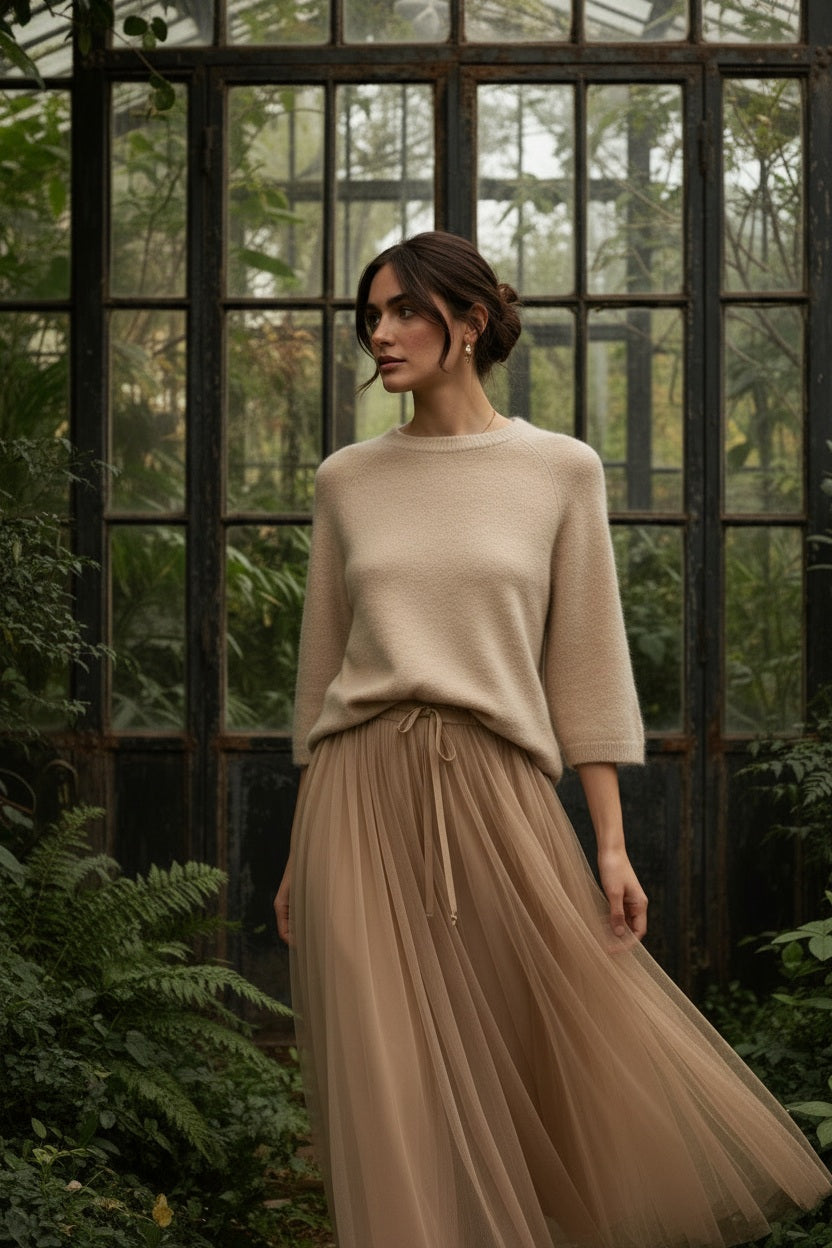 Nais Paris Alpaka-Raglanpullover Beige – 3/4-Ärmel & weicher Strick
