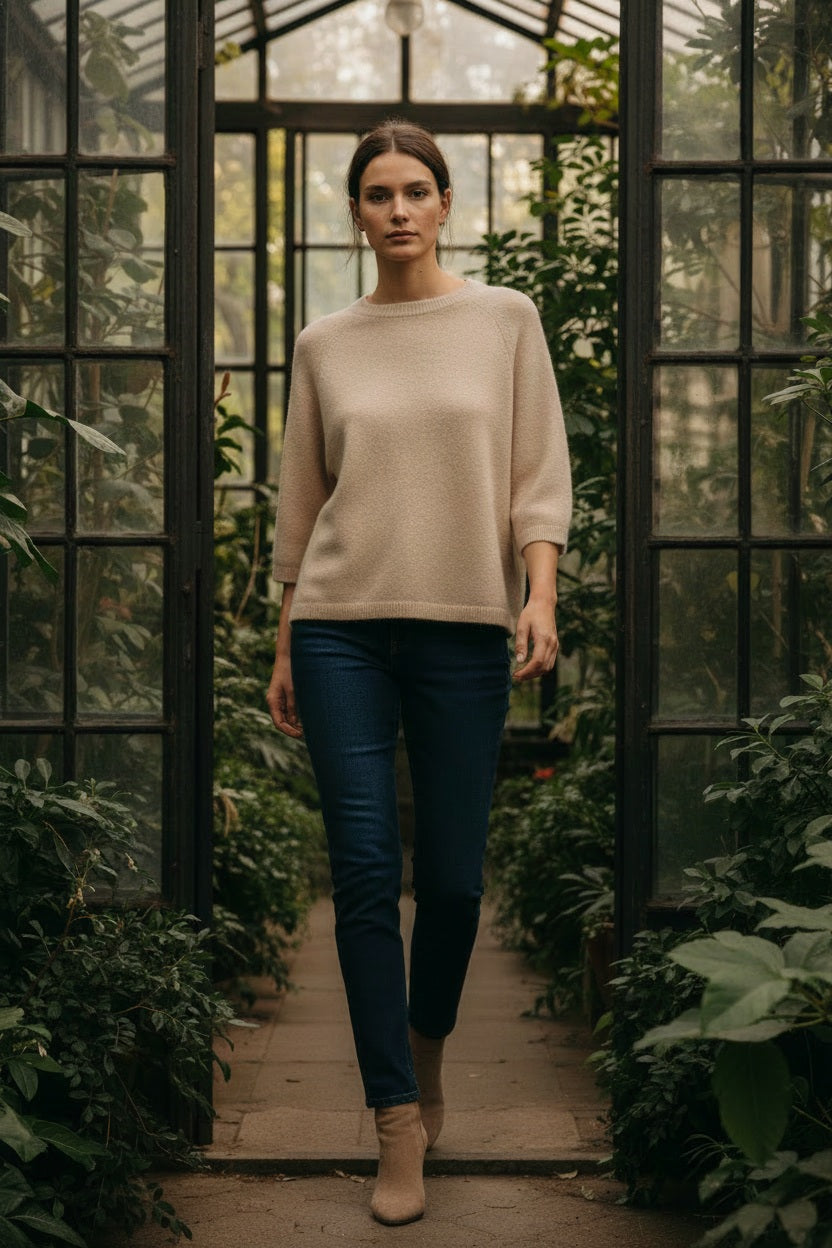 Nais Paris Alpaka-Raglanpullover Beige – 3/4-Ärmel & weicher Strick