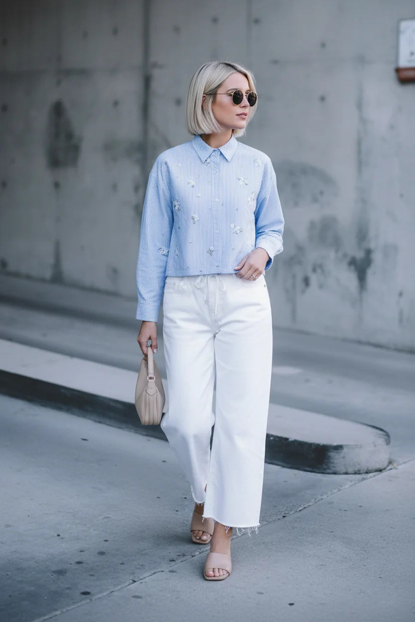 Choklate Paris Bluse „Malo“ Hellblau-Weiß gestreift mit Strass