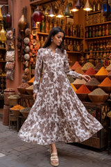Choklate Paris Maxikleid Marbella in Schokobraun & Weiß Blumenprint Viskose-Seide