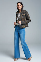 Q2 Jeansjacke Leopardenmuster Braun Denim