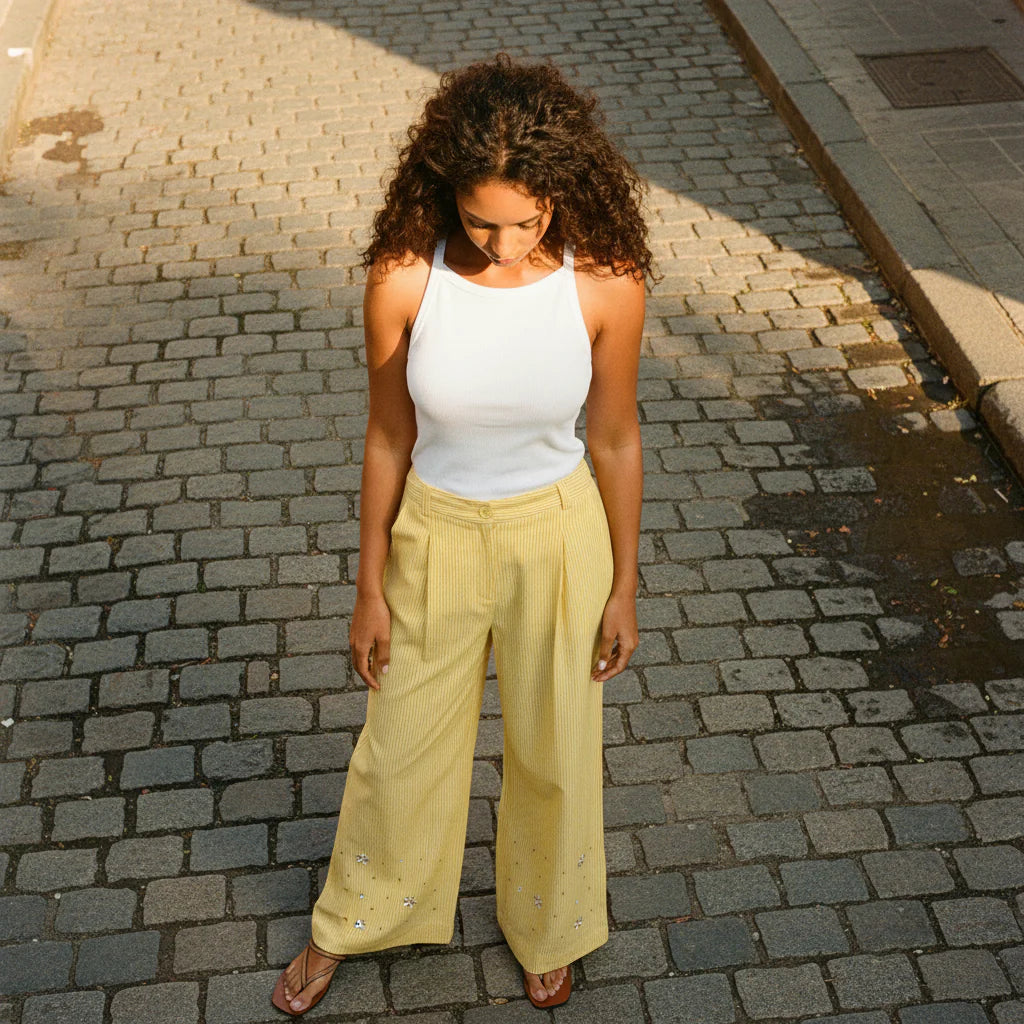 An’ge Paris Hose Rylana gestreift Gelb mit Strassblumen am Beinabschluss