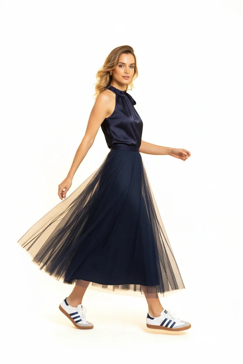 Choklate Paris Satin-Oberteil Elisabeth mit Schleife am Kragen  Marineblau