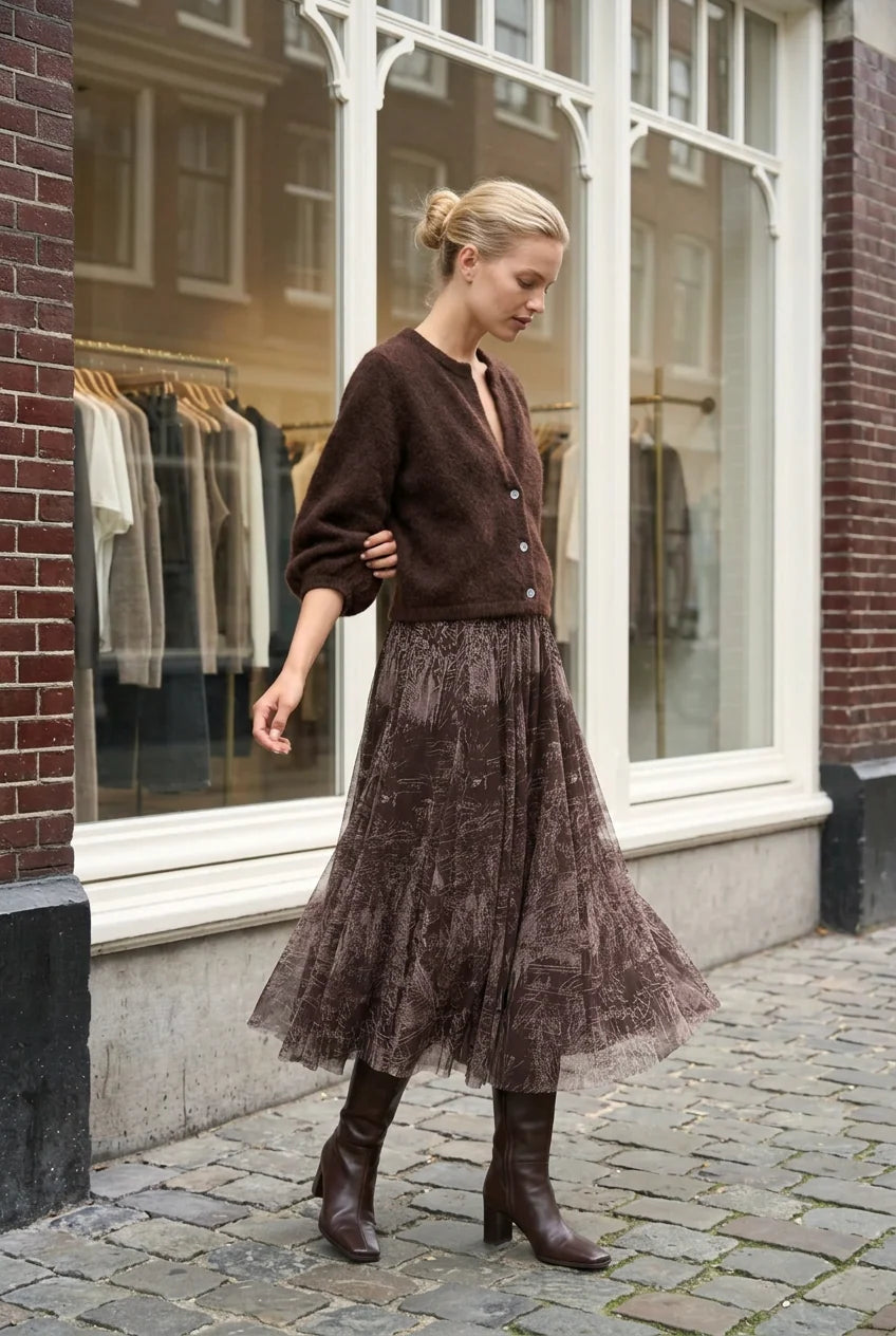 Choklate Paris Ambre Tüllrock mit Toile-de-Jouy-Print in dunklem Schokoladen-Braun