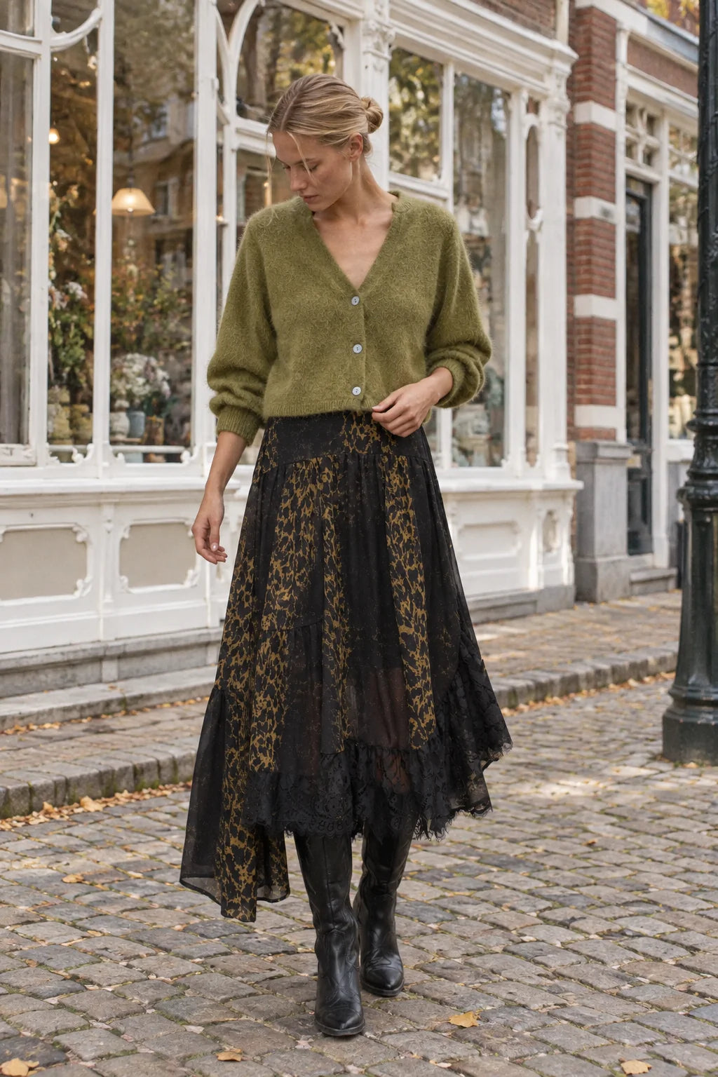 Choklate Paris asymmetrischer Leopardenrock mit Spitze Khaki