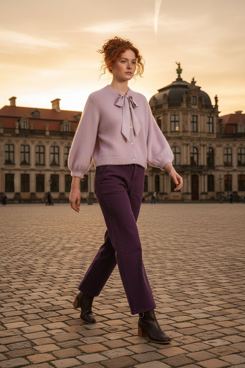 Tamba Strickjacke Puder + Angé Paris Parmy Aubergine + Ankle Boots – Dresden