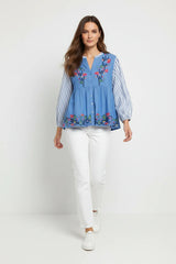 The Corner Bluse Isadora Puffärmel Kreuzstich Blau 100% Baumwolle