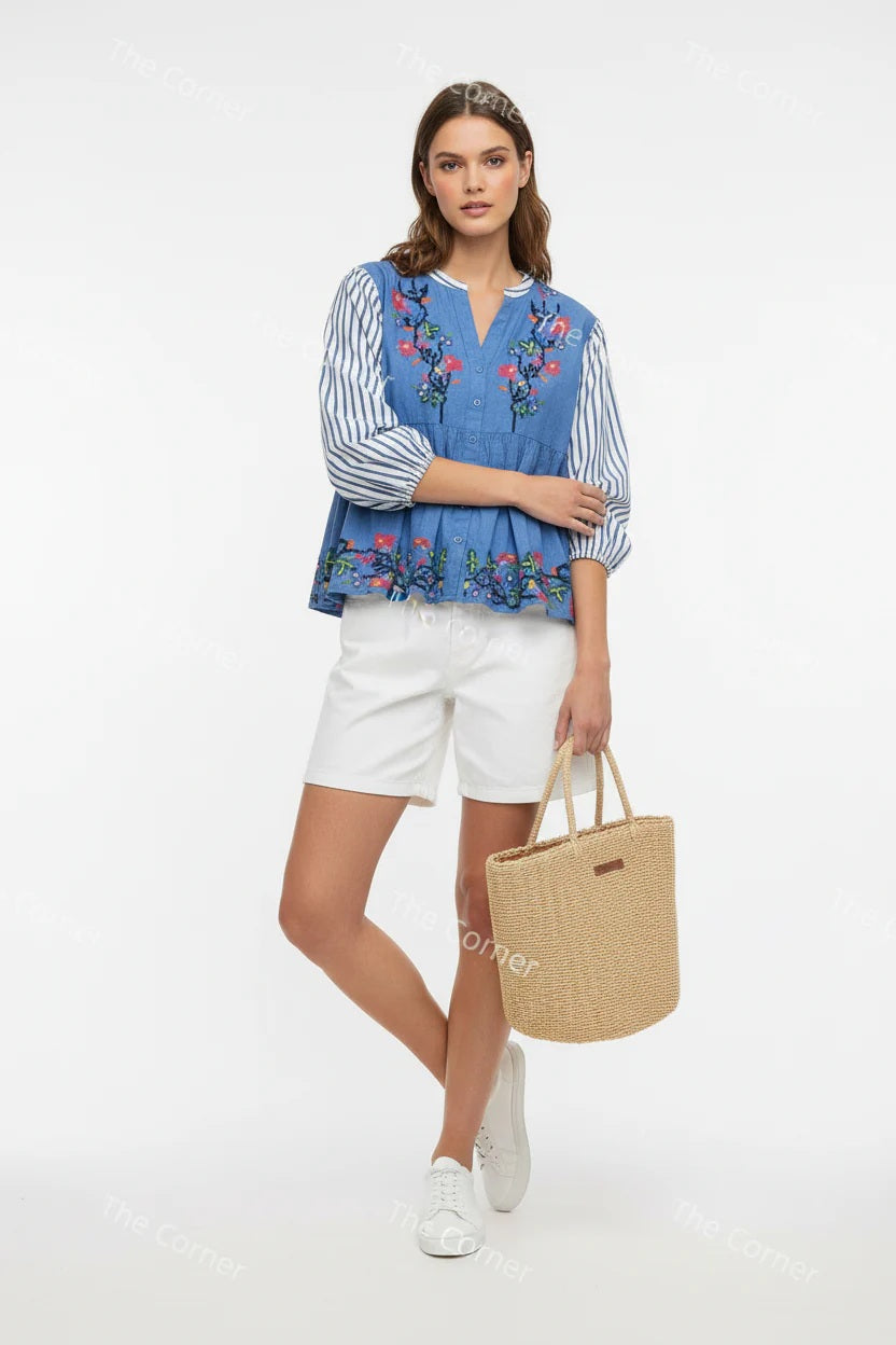 The Corner Bluse Isadora Puffärmel Kreuzstich Blau 100% Baumwolle