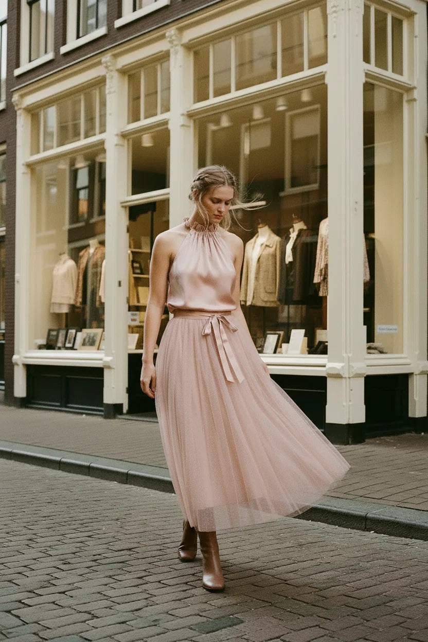 Choklate Paris Satin-Oberteil Elisabeth mit Schleife am Kragen Rosa