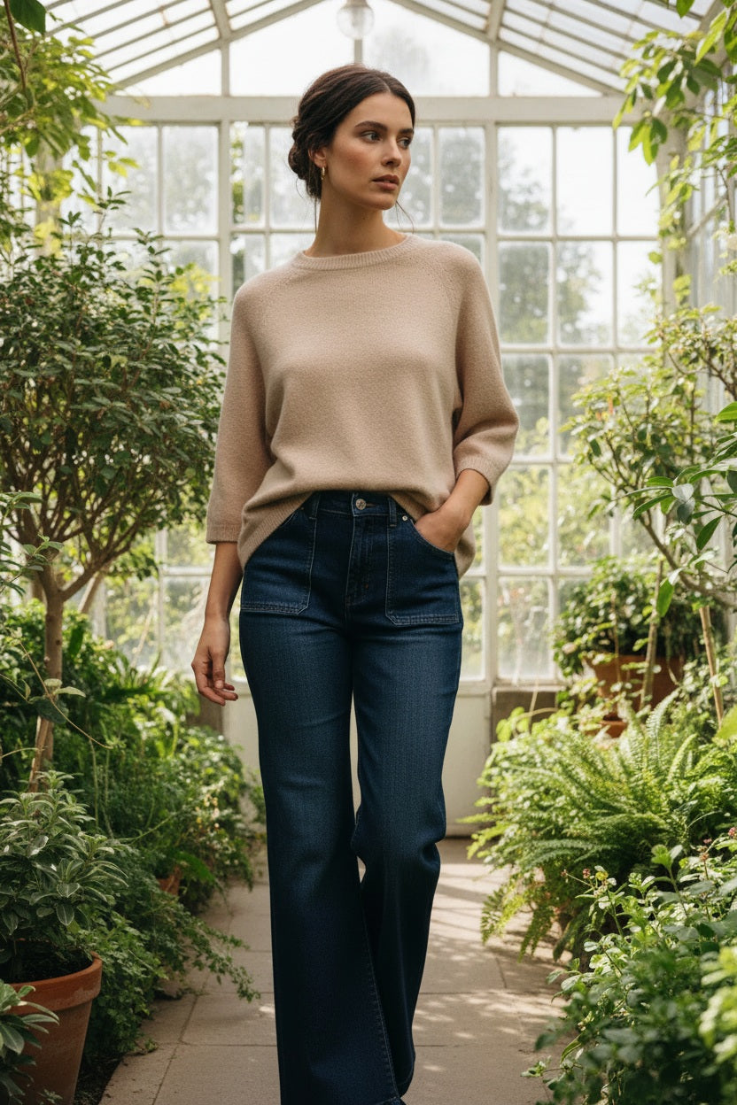 Nais Paris Alpaka-Raglanpullover Beige – 3/4-Ärmel & weicher Strick