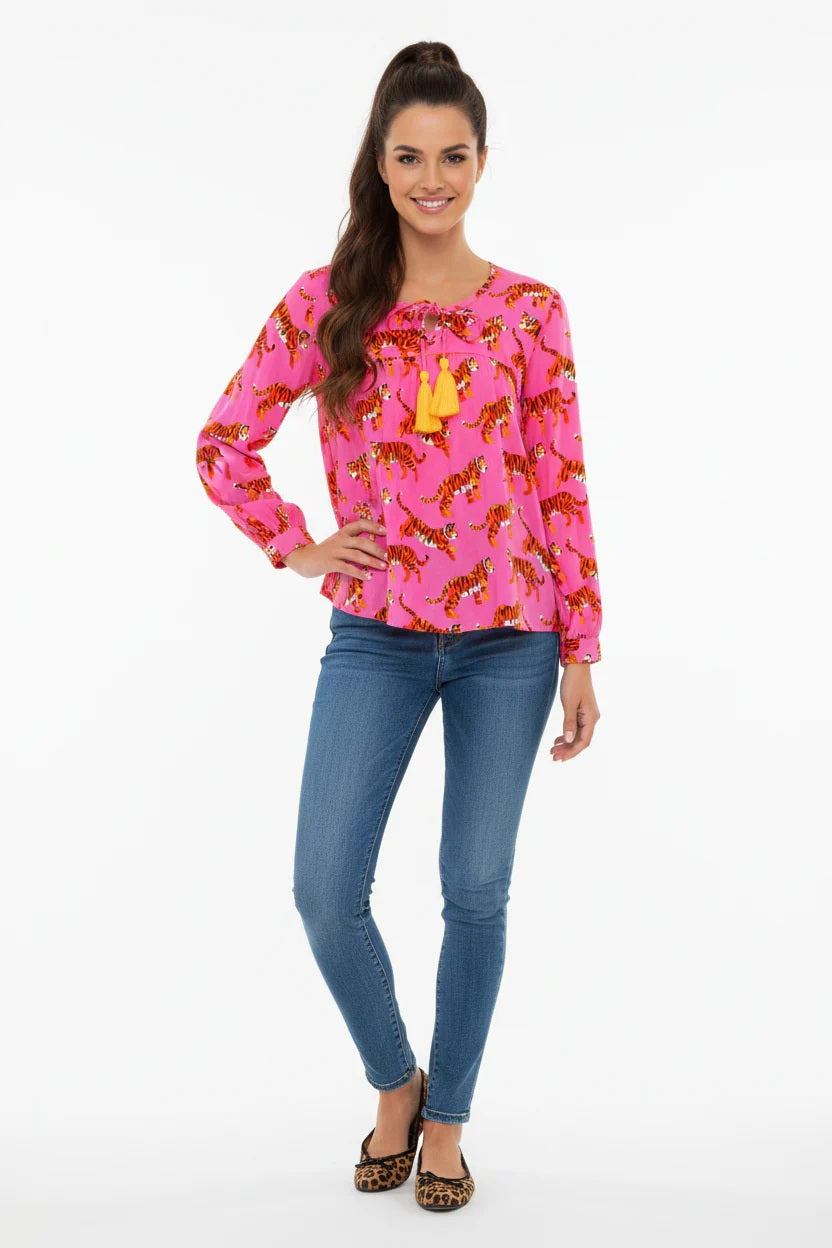Zwillingsherz - Bluse "Trendy Tiger" in Pink - Animalprint mit Quasten